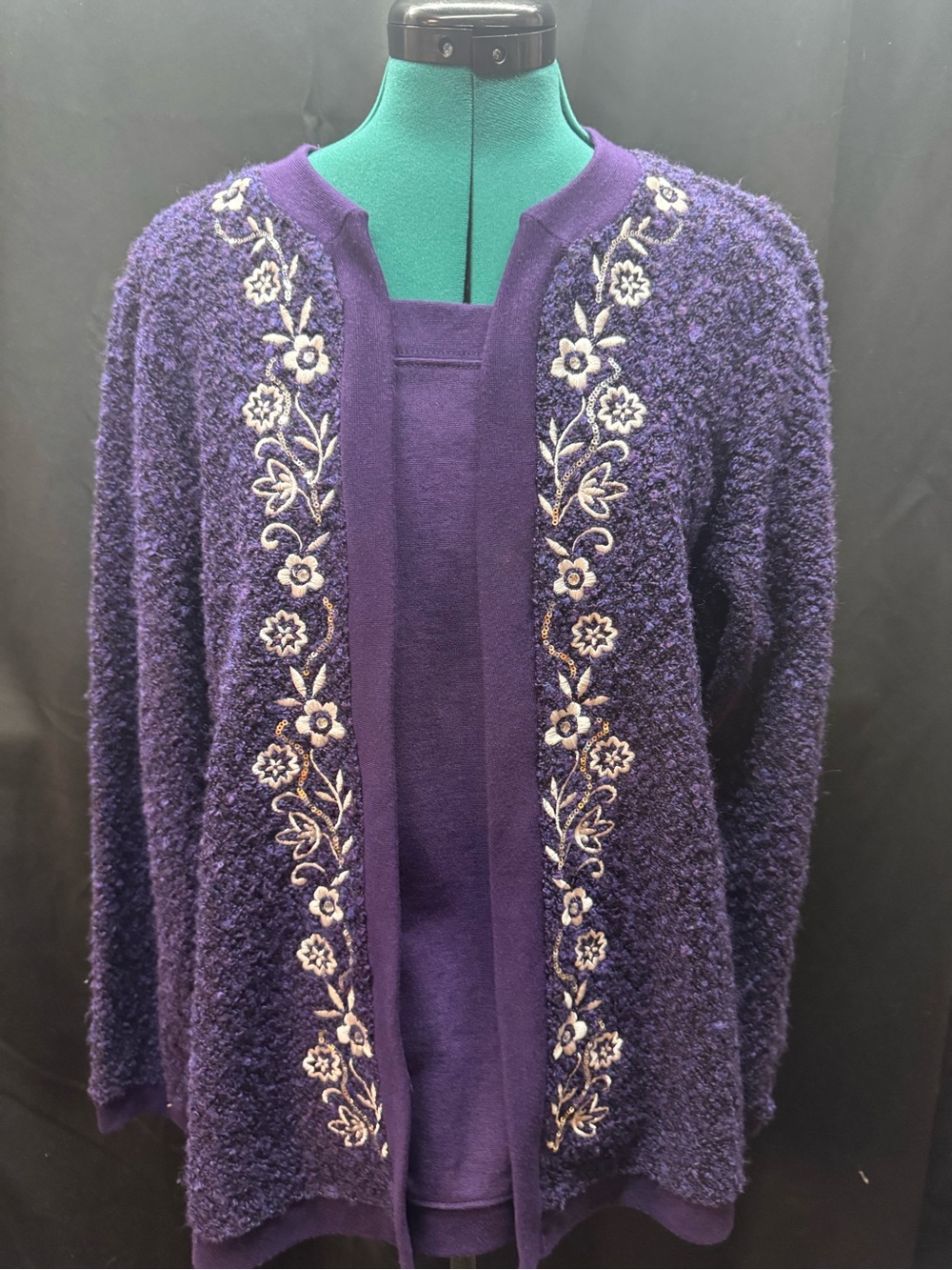 Cathy Daniels Purple Open-Front Sweater with Cream Floral Embroidery